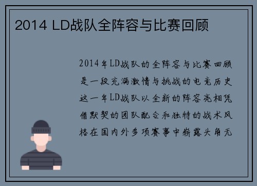2014 LD战队全阵容与比赛回顾