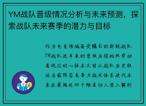YM战队晋级情况分析与未来预测，探索战队未来赛季的潜力与目标