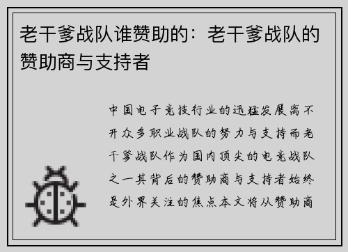 老干爹战队谁赞助的：老干爹战队的赞助商与支持者